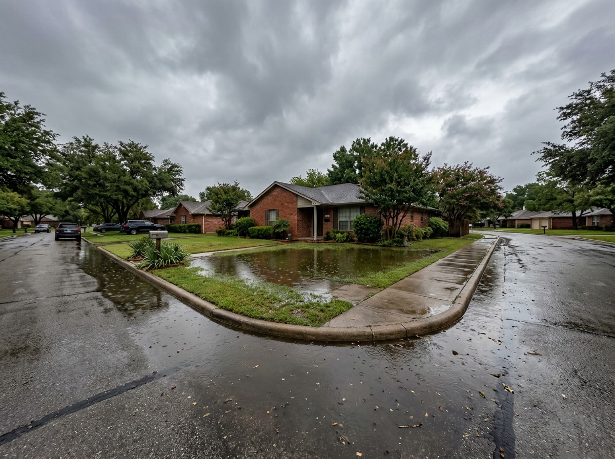 Flood-damaged home on an Irving, TX street with standing water pooling in the yard