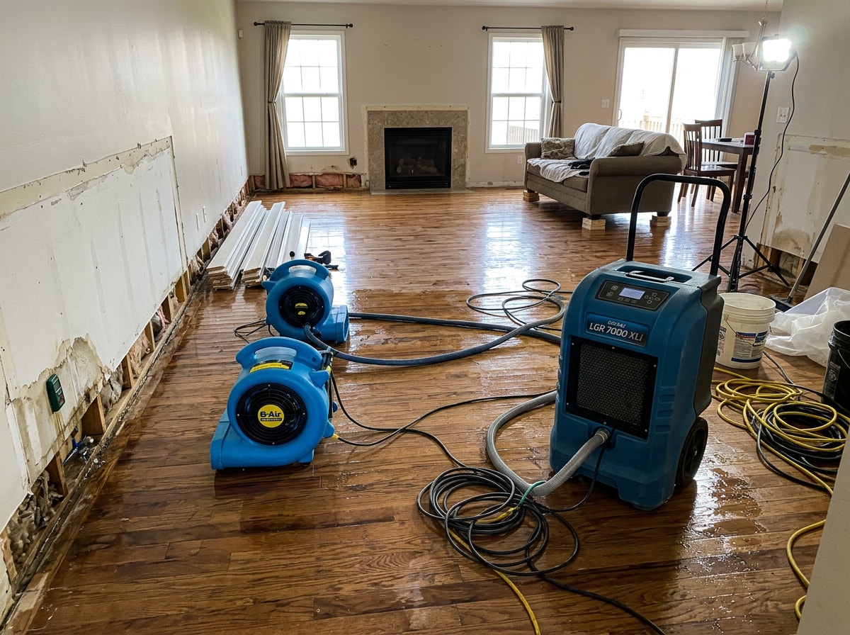 Industrial dehumidifiers and air movers drying a flooded Irving home interior