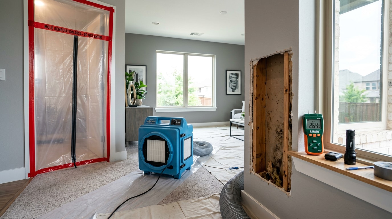 Mold remediation equipment including HEPA air scrubber and containment barrier set up in a Dallas home Mold remediation equipment including HEPA air scrubber and containment barrier set up in a Dallas home