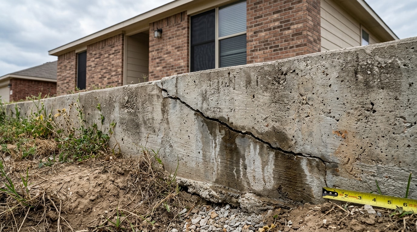 Cracked exterior foundation wall with water staining caused by expansive clay soil movement in Irving, TX Cracked exterior foundation wall with water staining caused by expansive clay soil movement in Irving, TX